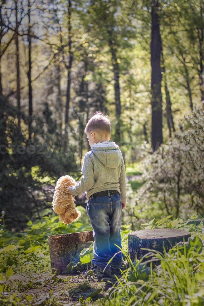 A cute boy is playing with a bear cub in the forest. The sun's rays envelop the space of the clearing with a stump. A magical story of interactions for the book. Space for copying. Selective photo