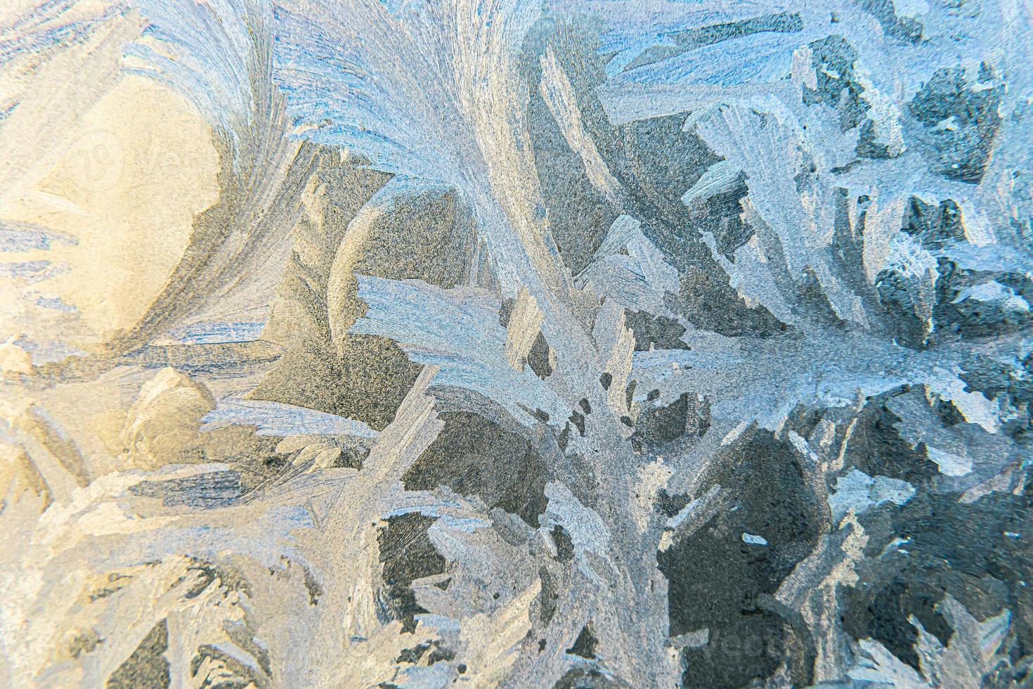 Frozen winter window with shiny ice frost pattern texture. Christmas wonder symbol, abstract background. Extreme north low temperature, natural Ice snow on frosty glass, cool winter weather outdoor. photo