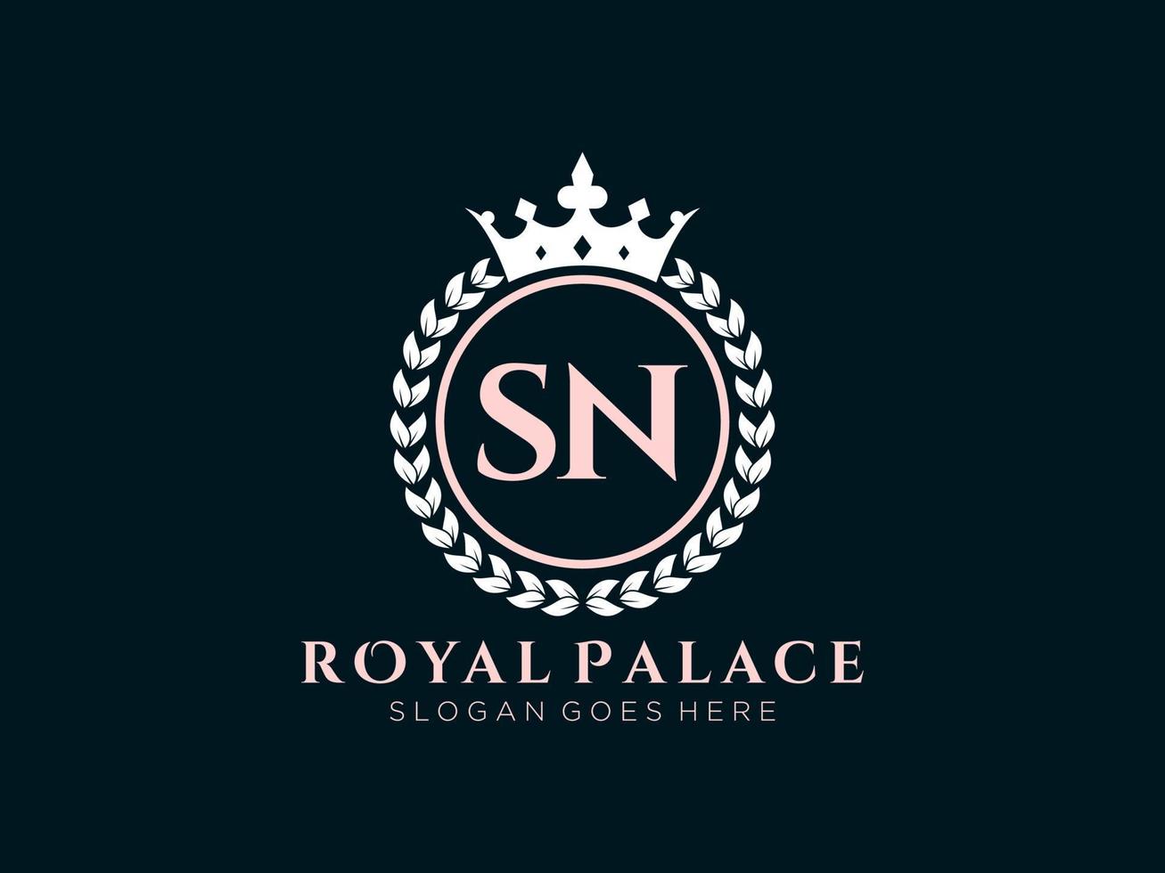 Letter SN Antique royal luxury victorian logo with ornamental frame. vector