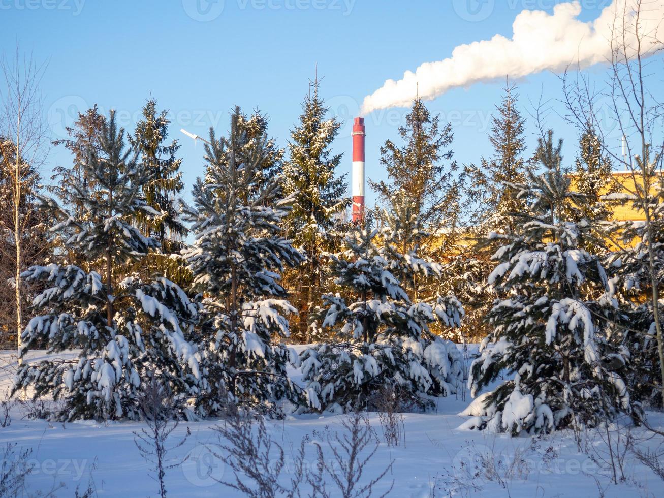 winter park landscape. Boiler room pipe and stream against the background of the sky. photo