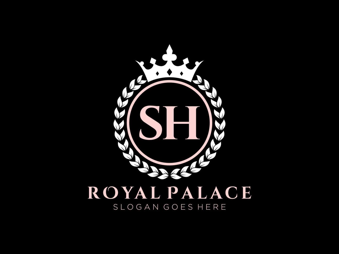 Letter SH Antique royal luxury victorian logo with ornamental frame. vector