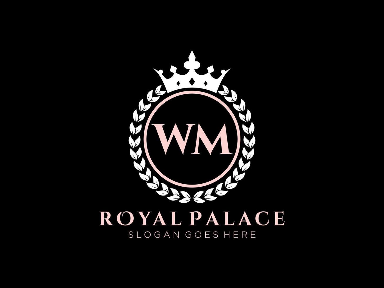 Letter WM Antique royal luxury victorian logo with ornamental frame. vector