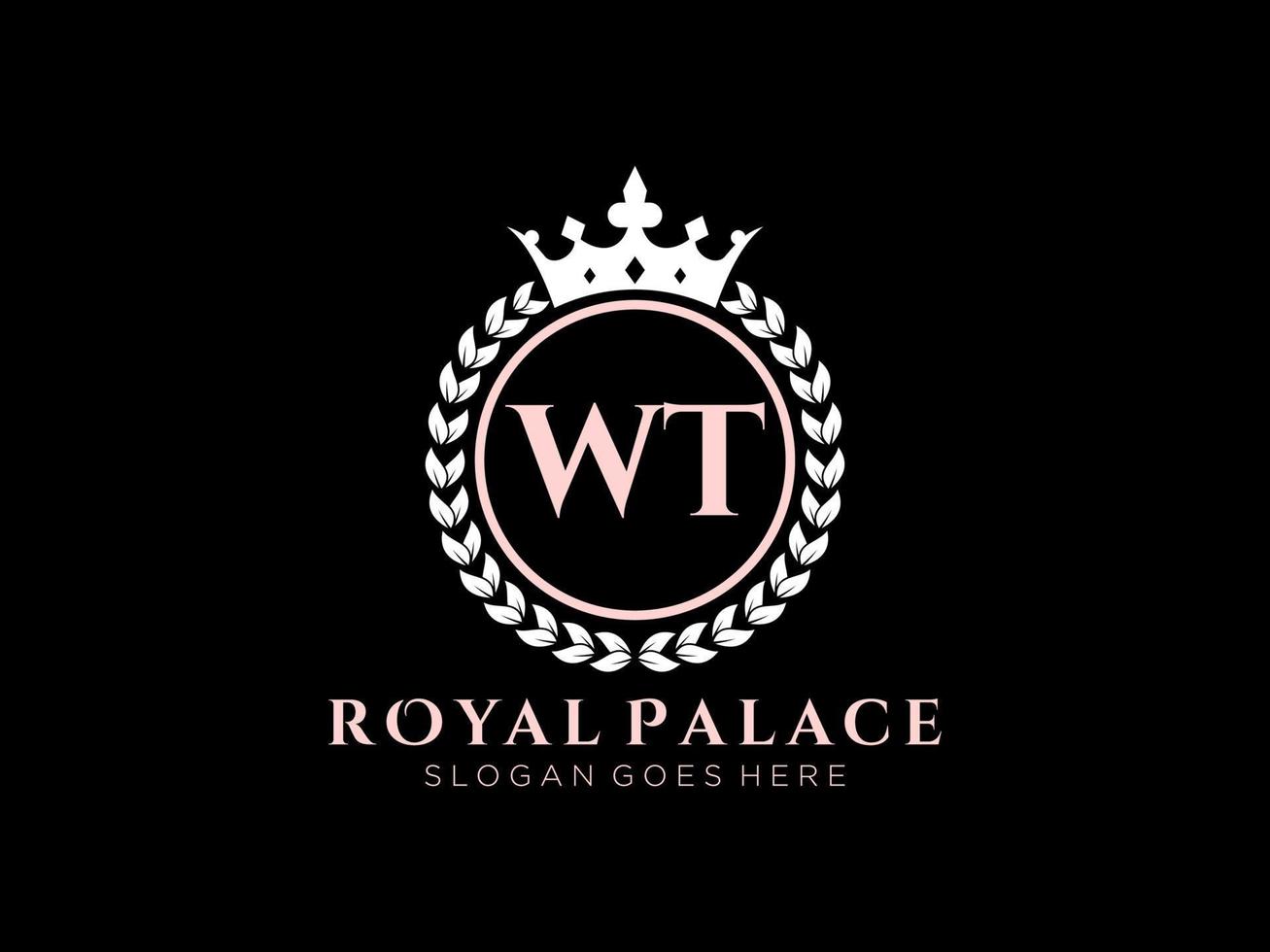 Letter WT Antique royal luxury victorian logo with ornamental frame. vector