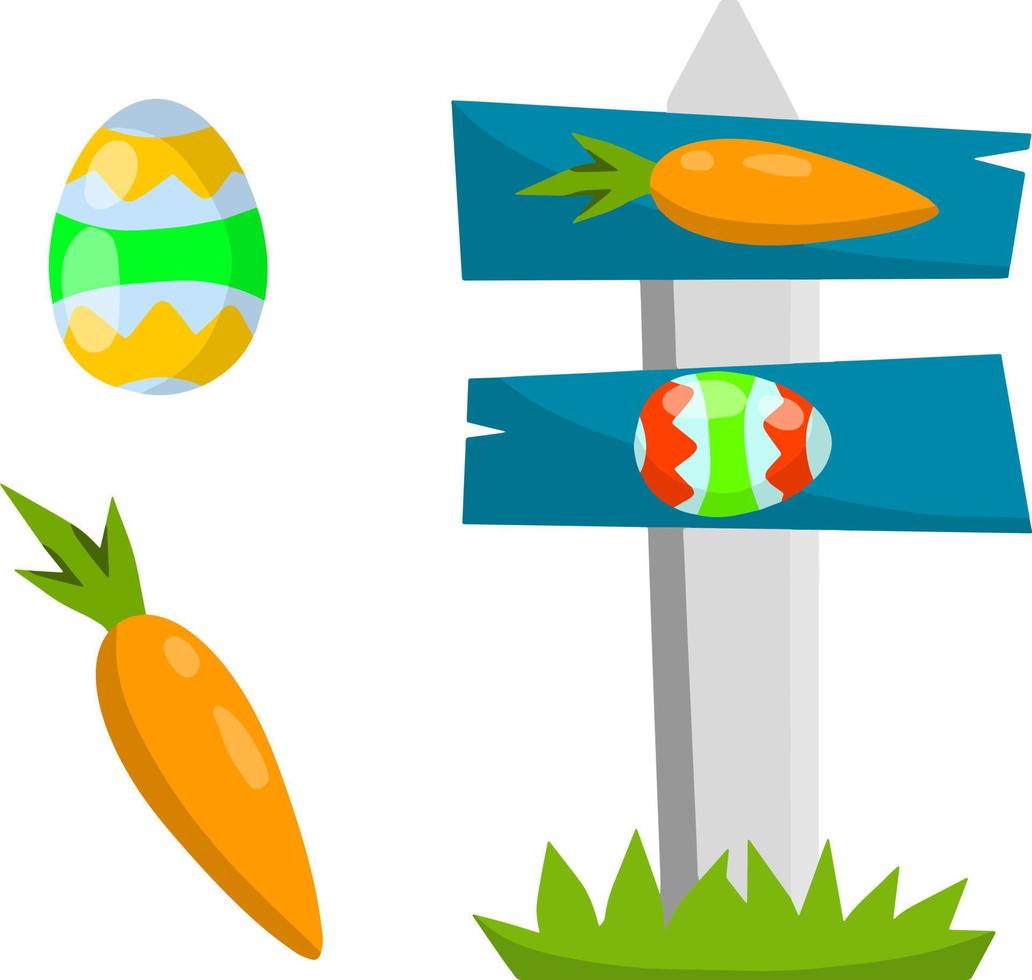 Celebration of Easter. Set of Colored painted eggs and carrot. Christian holiday. Element of child game. Cartoon flat illustration. Plate for finding objects. Sign pointer to route vector