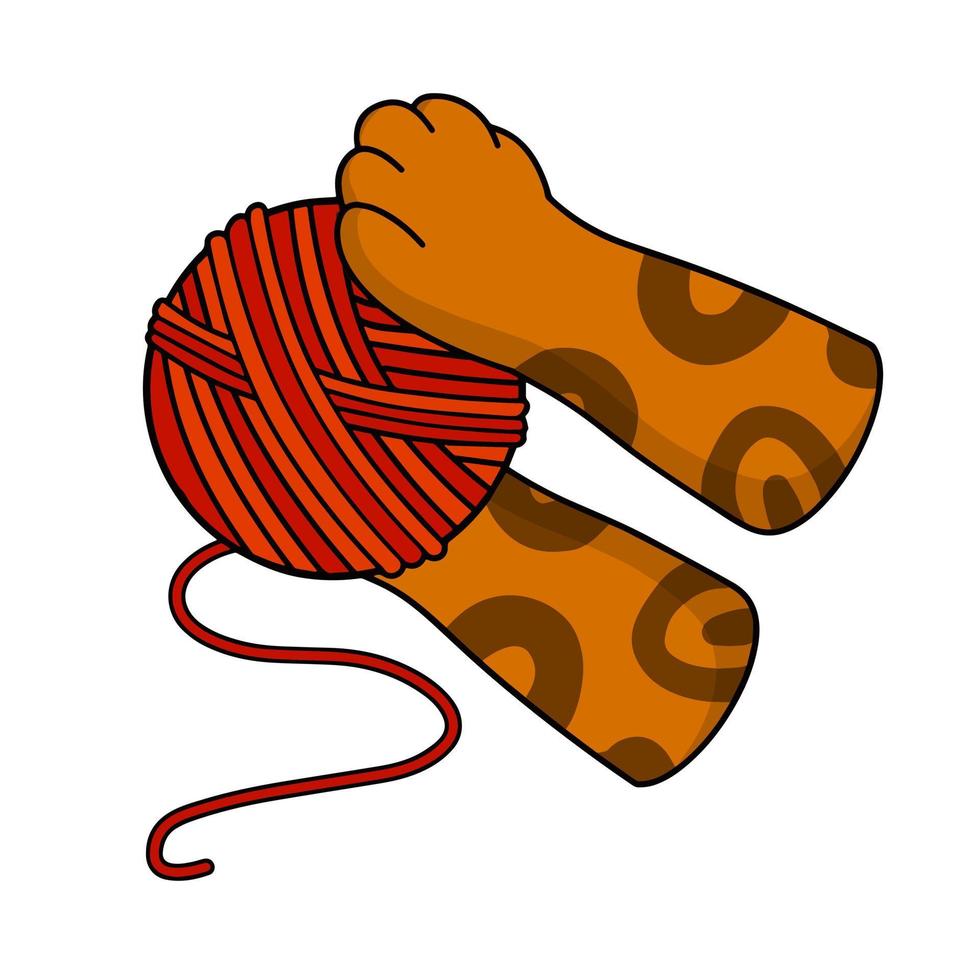 Cat paw hold skein of woolen threads. vector