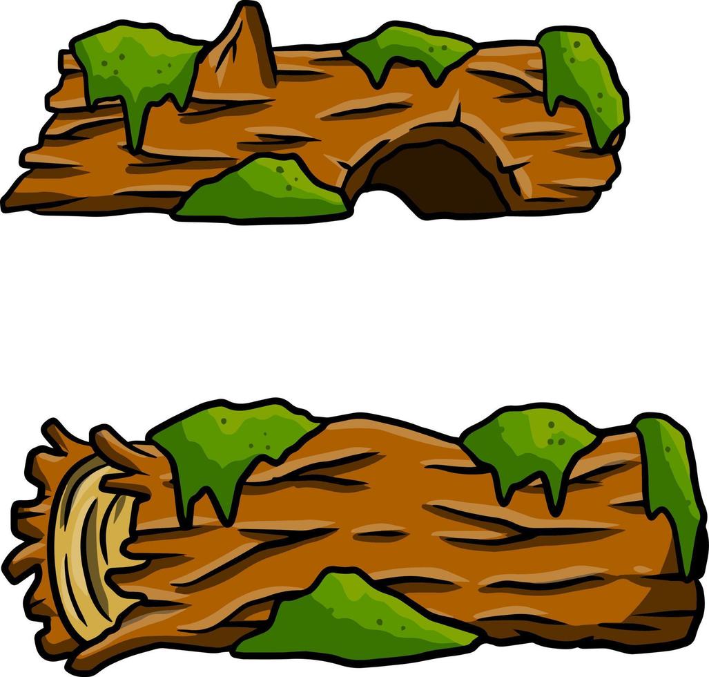 Vector brown log with green moss. Building wood material, natural element. Environment of forest. Set of cartoon illustration