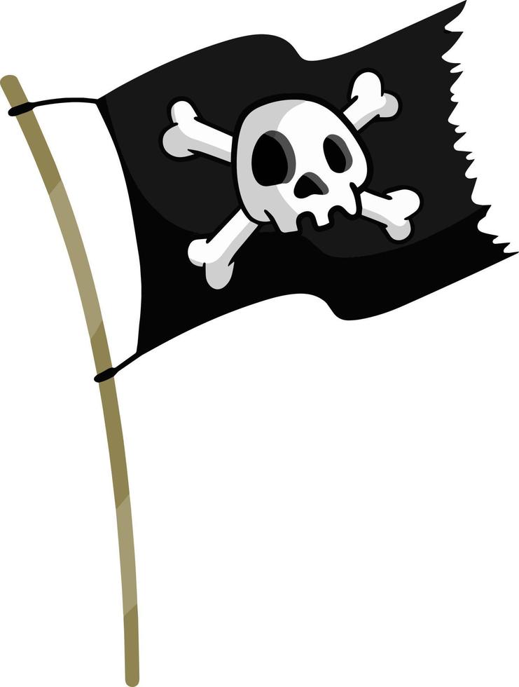 bandera pirata. cráneo y huesos en cinta negra. elemento de la muerte. emblema y símbolo de robo y ladrón. ilustración plana de dibujos animados. bandera pirata vector