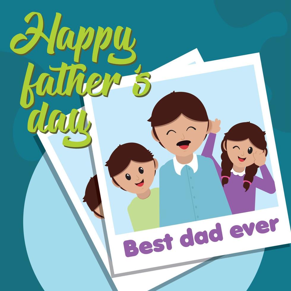 Happy fathers day card Man with childrens Instant photography Vector illustration