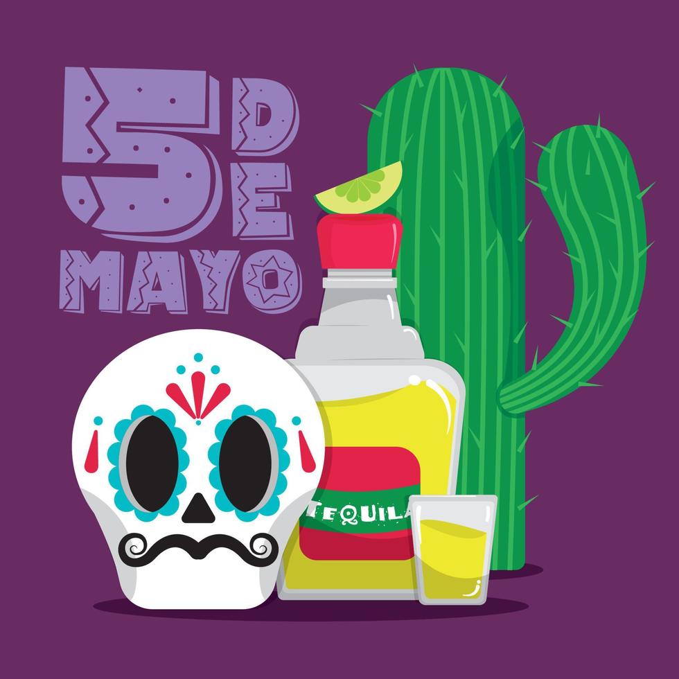 cartel de cinco de mayo con esqueleto de tequila y cactus ilustración vectorial vector