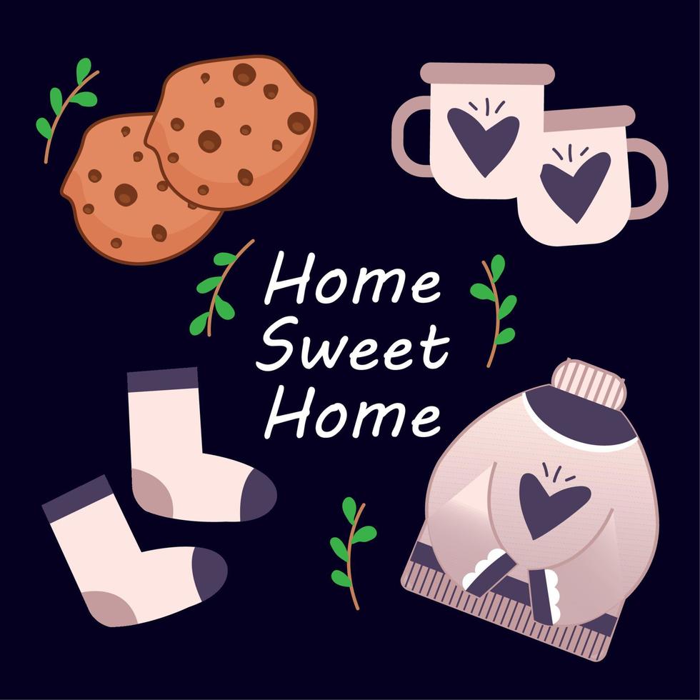 Colored hygge poster with different autumn objects Vector illustration