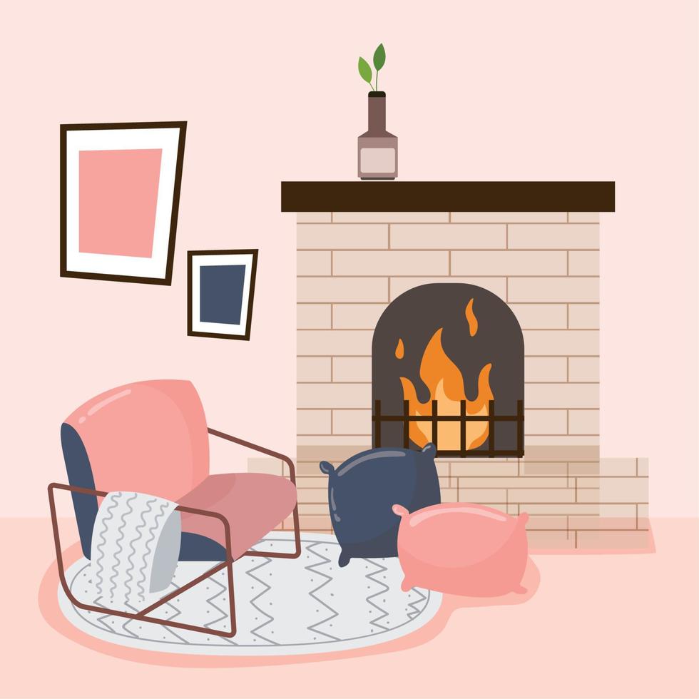 Fireplace with chair and pillows Hygge scenario Vector illustration