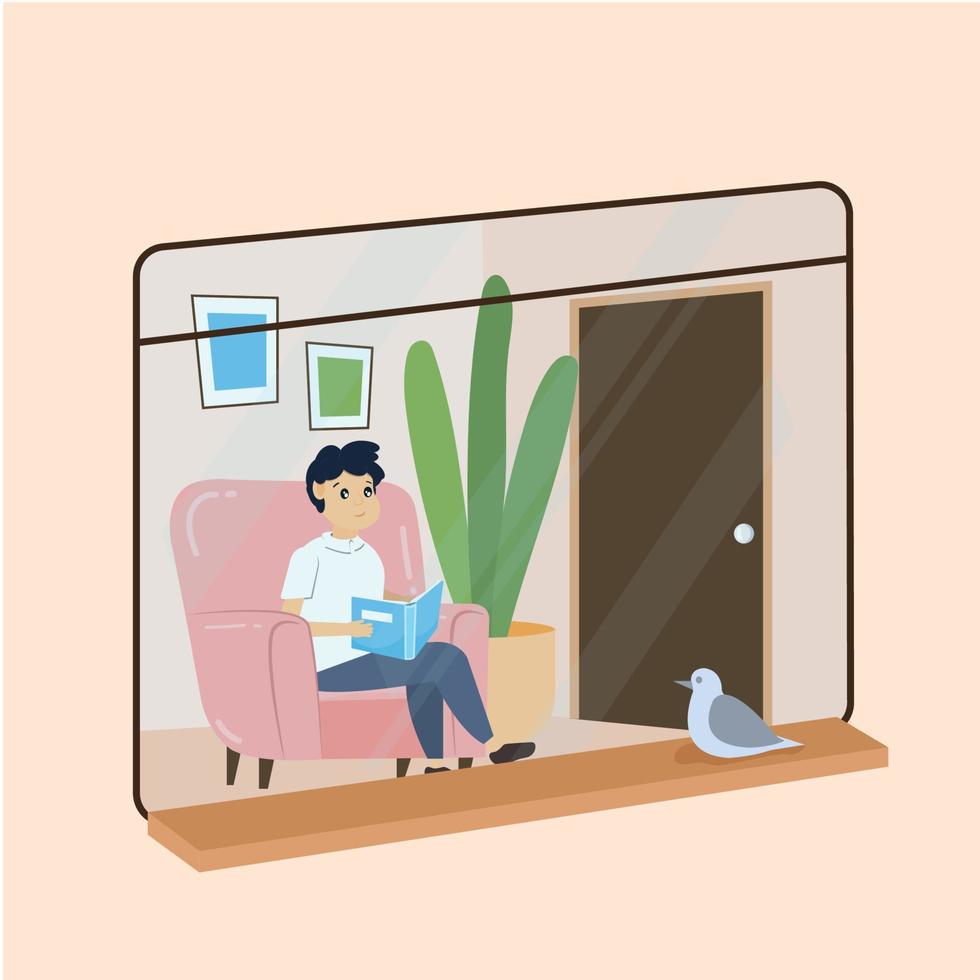 Boy character reading a book on a chair Hygge Scenario Vector illustration