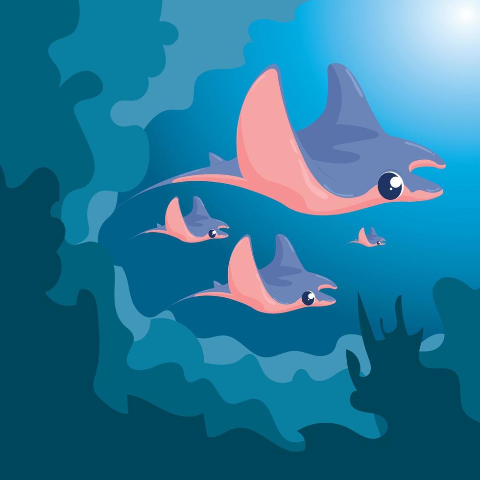 grupo de rayas marinas nadando en la ilustración de vector de océano