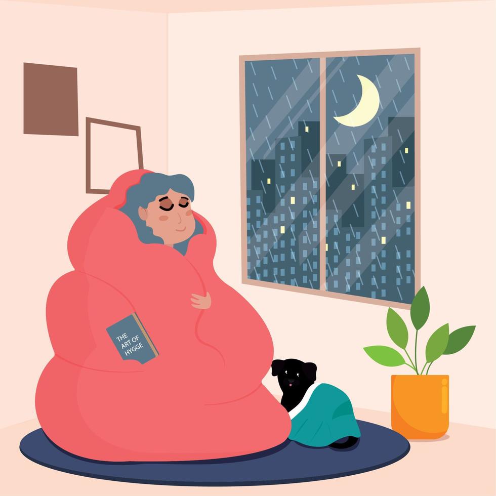 personaje de niña en una ilustración de vector de escenario hygge manta