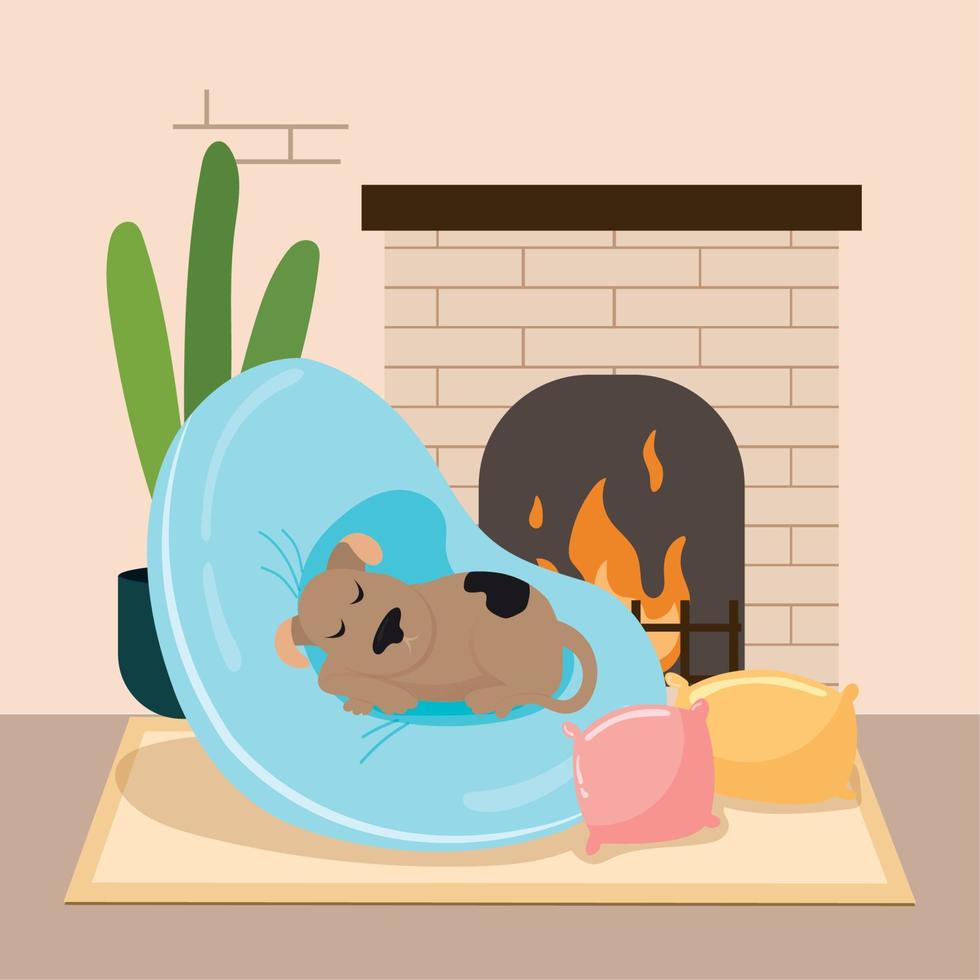 Dog sleeping on a pillow next to fireplace Hygge scenario Vector illustration