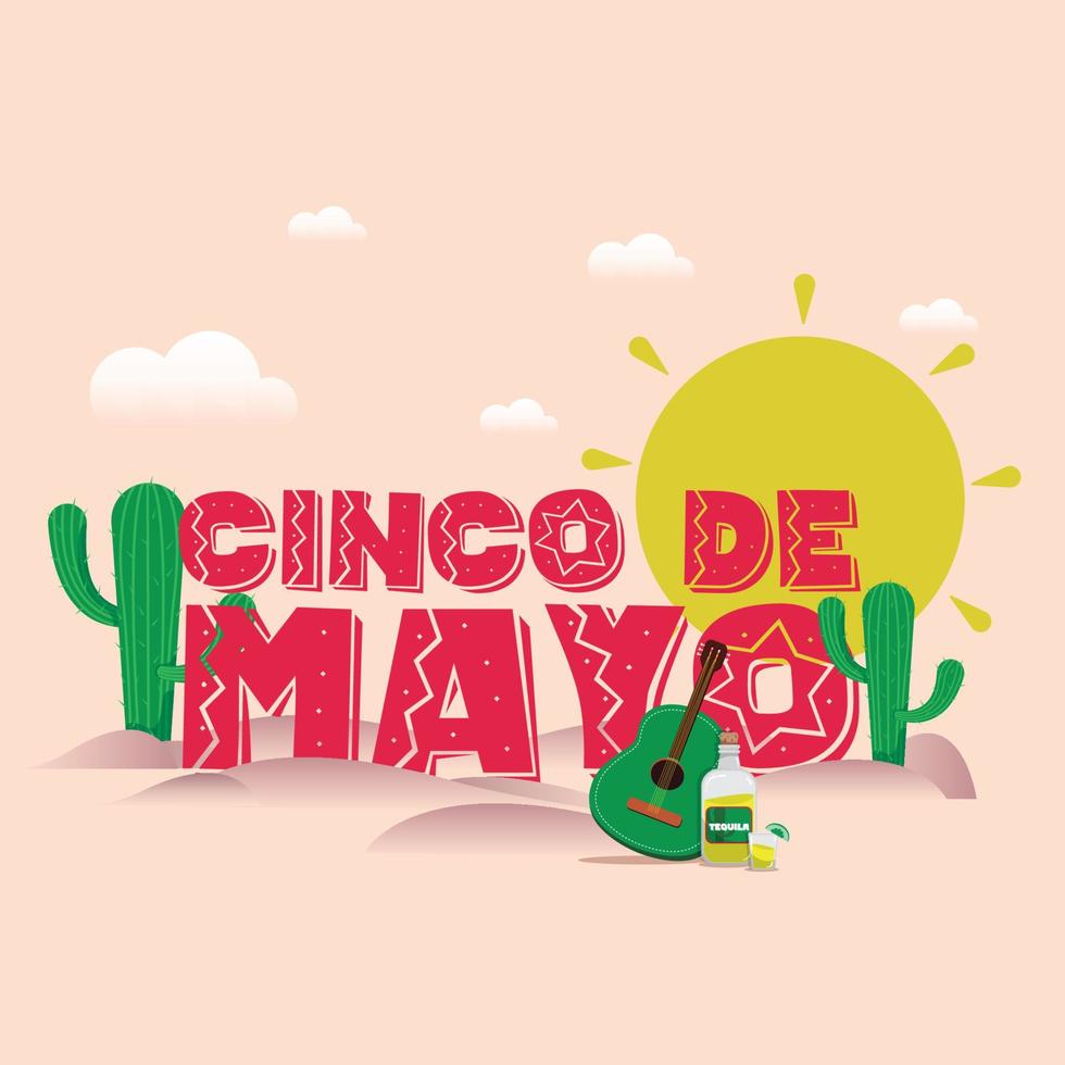 Cinco de mayo poster with cactus and guitar Vector illustration