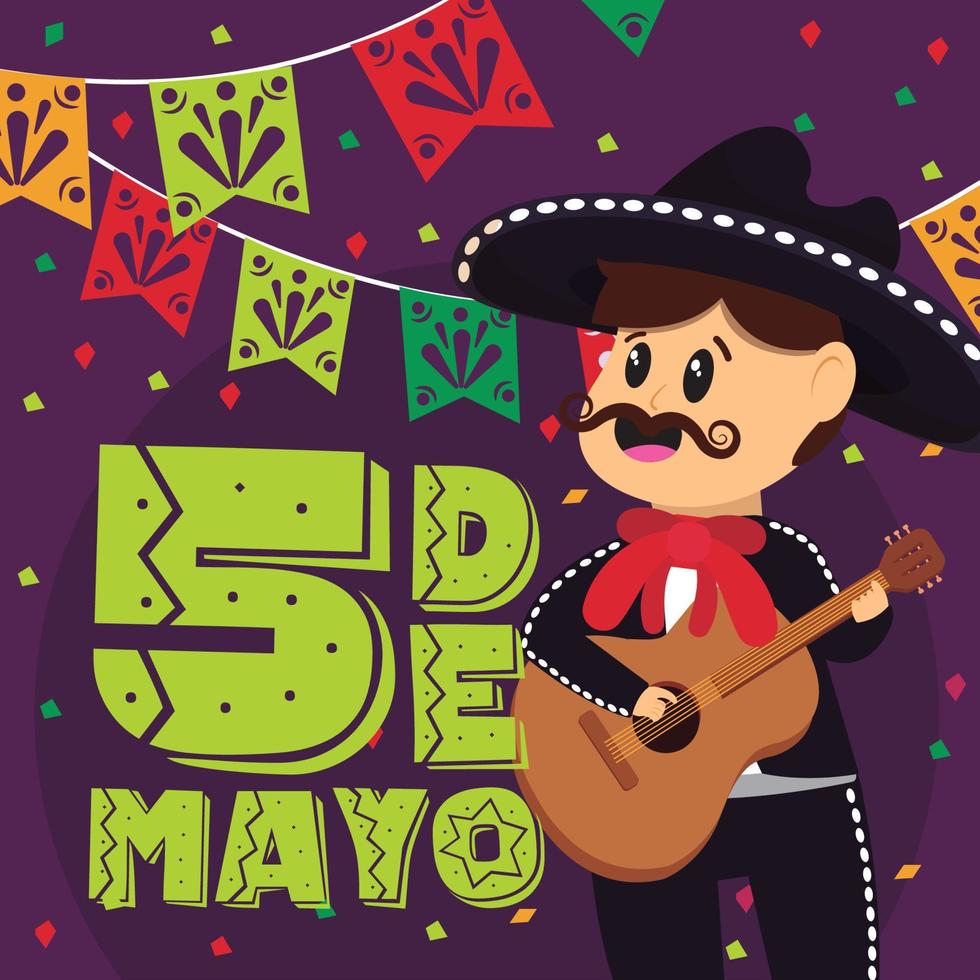 cartel de cinco de mayo de color con ilustración de vector de personaje de mariachi