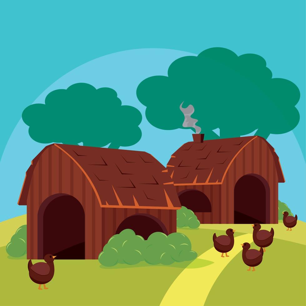 Pair of wooden farms with chickens Medieval landscape Vector illustration