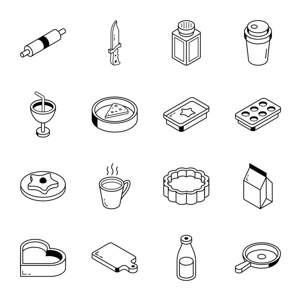 Set of Bakery Food Outline Isometric Icons vector