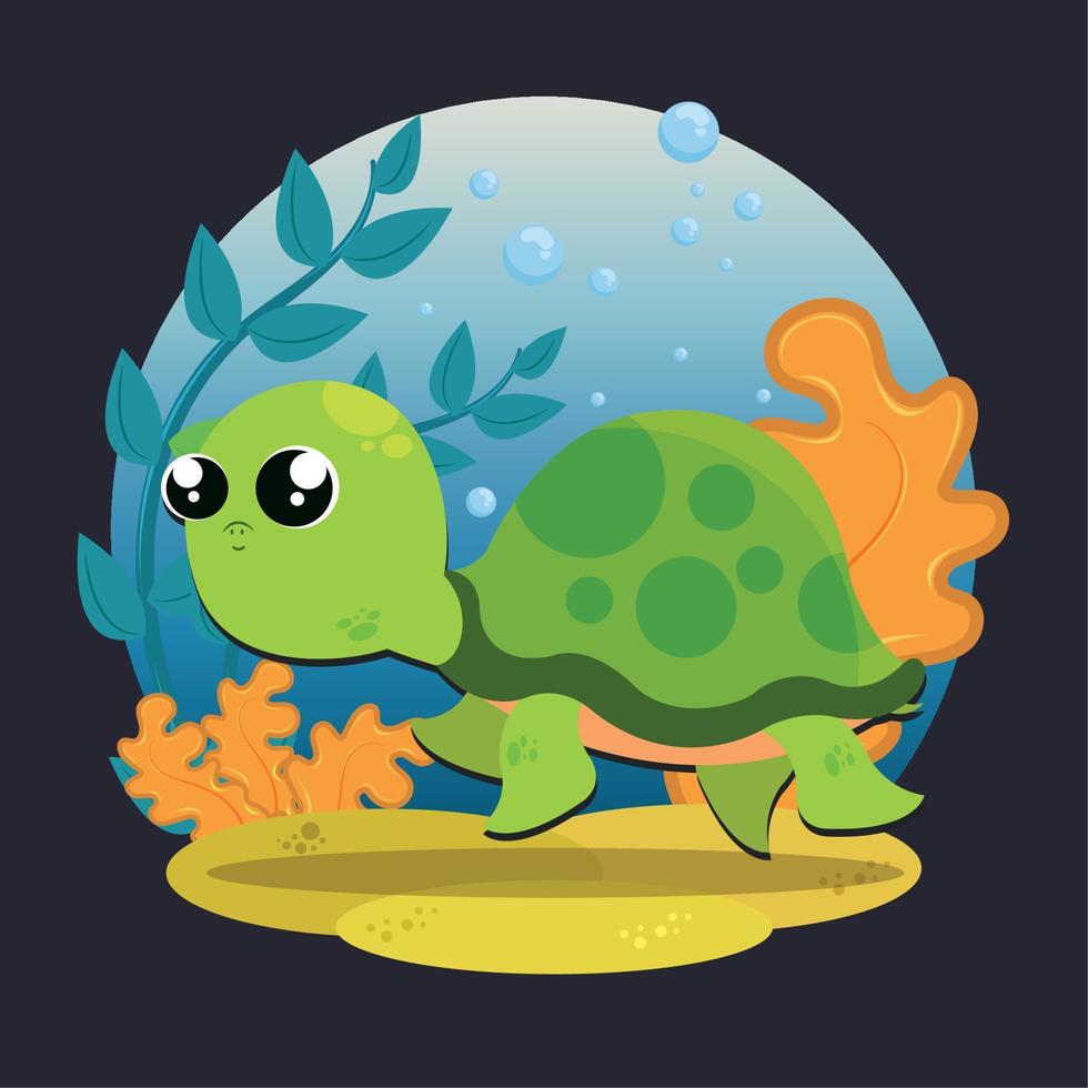 Cute turtle character with seaweeds sealife Vector illustration