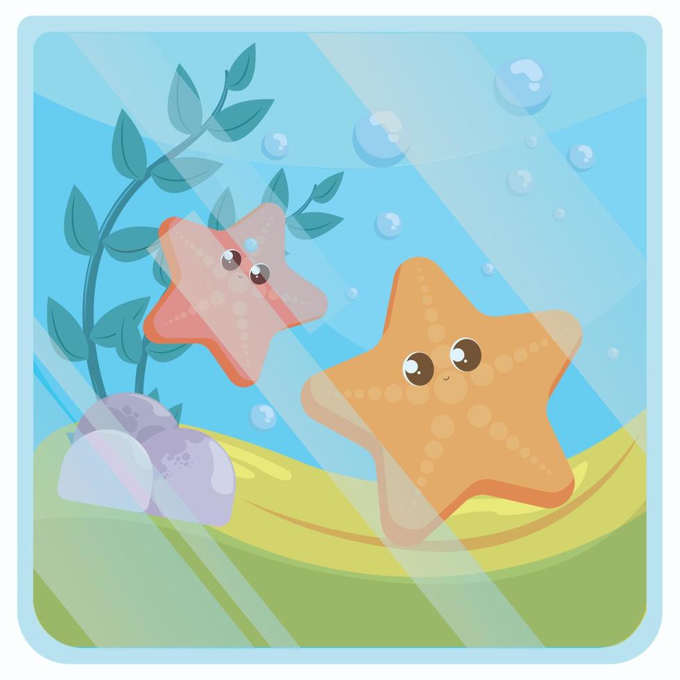 Pair of cute seastars and seaweed sealife Vector illustration