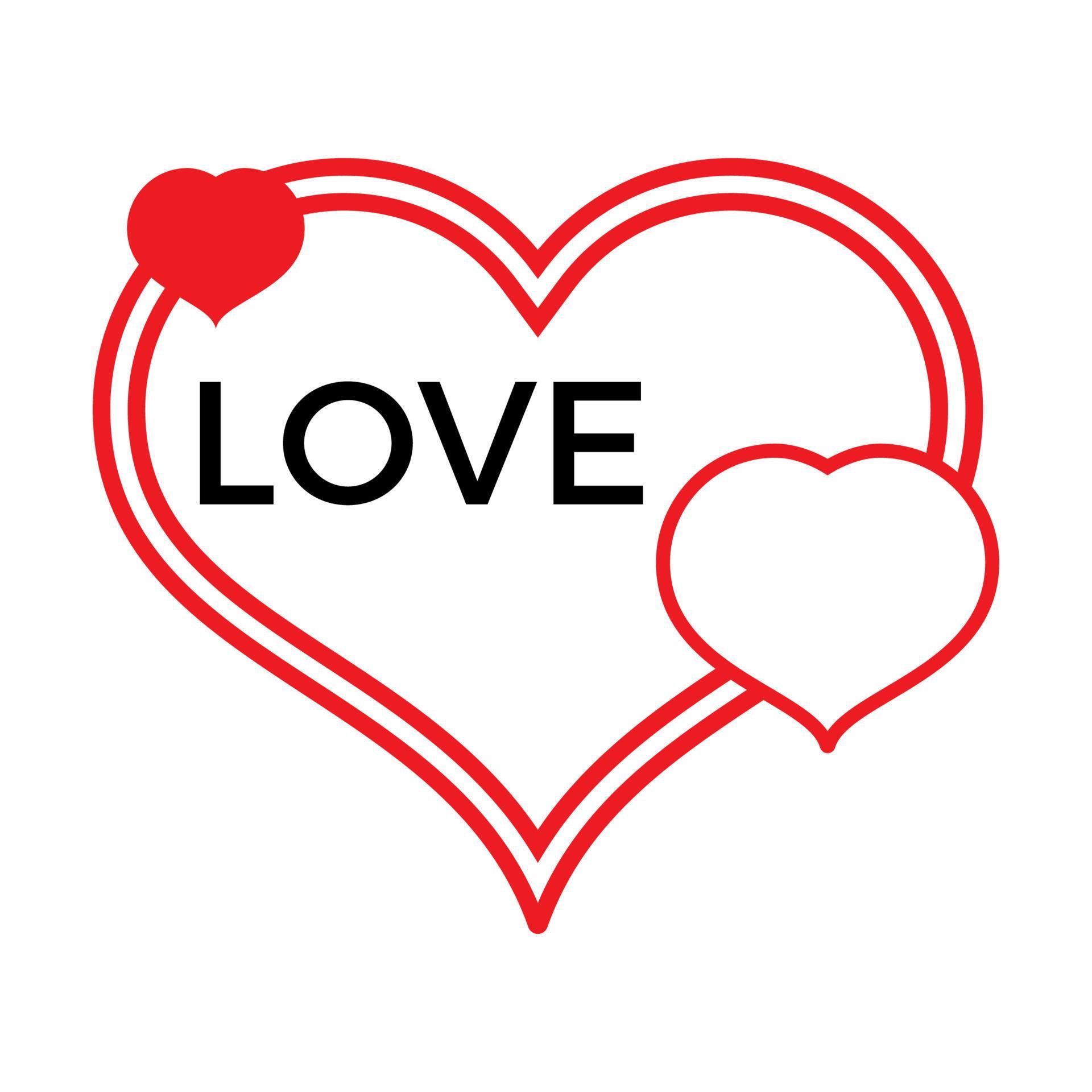 Three red hearts on a white background with black inscription Love