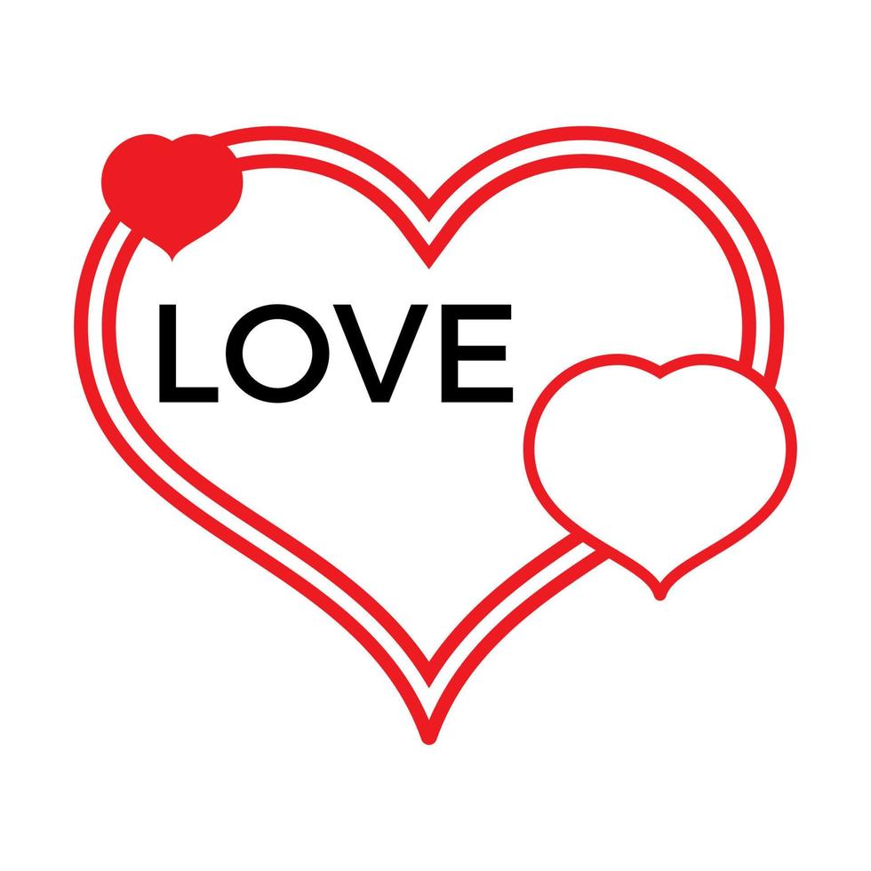 Three red hearts on a white background with black inscription Love. Vector illustration.