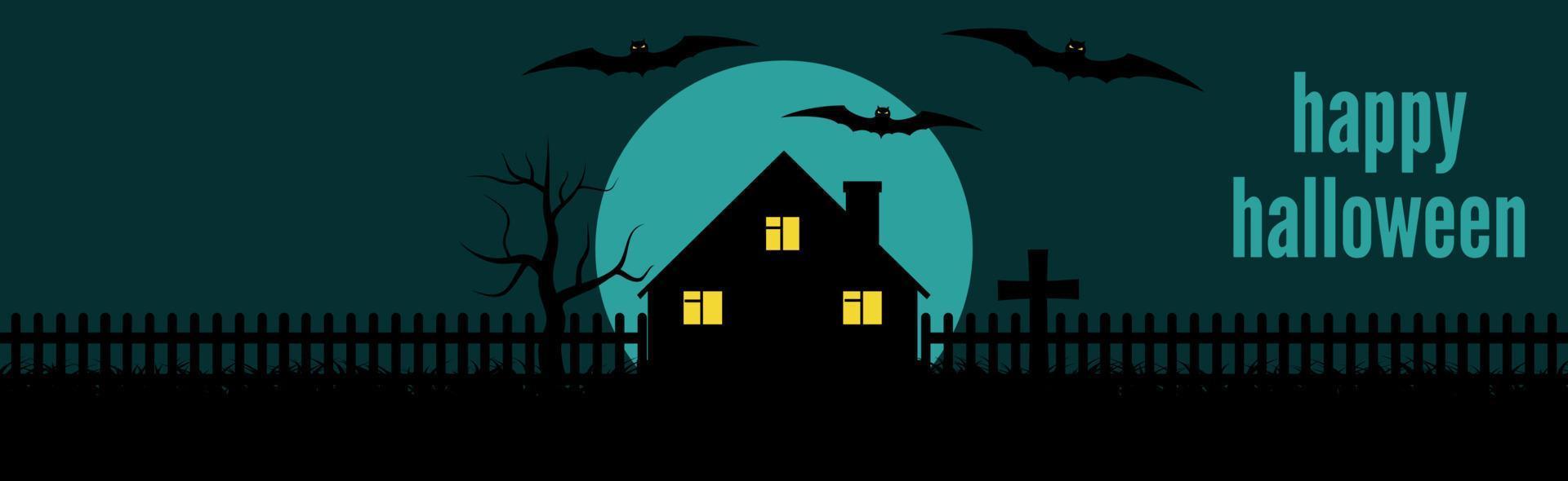 Happy Halloween festive banner with a lonely house and bats on a background of the full moon at night. Vector illustration.