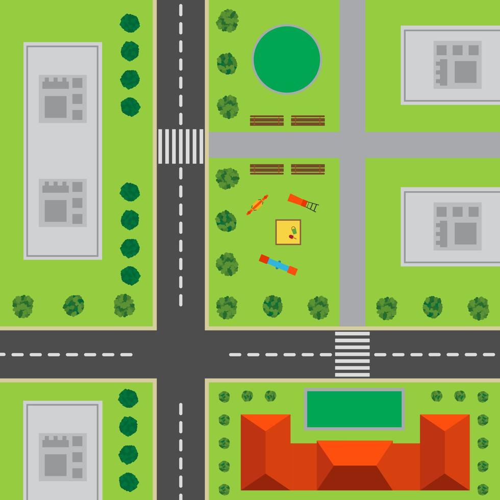 Plan Of City. Top view of the city with the road, crossroad, high-rise buildings, trees, shrubs, playground and office building. vector