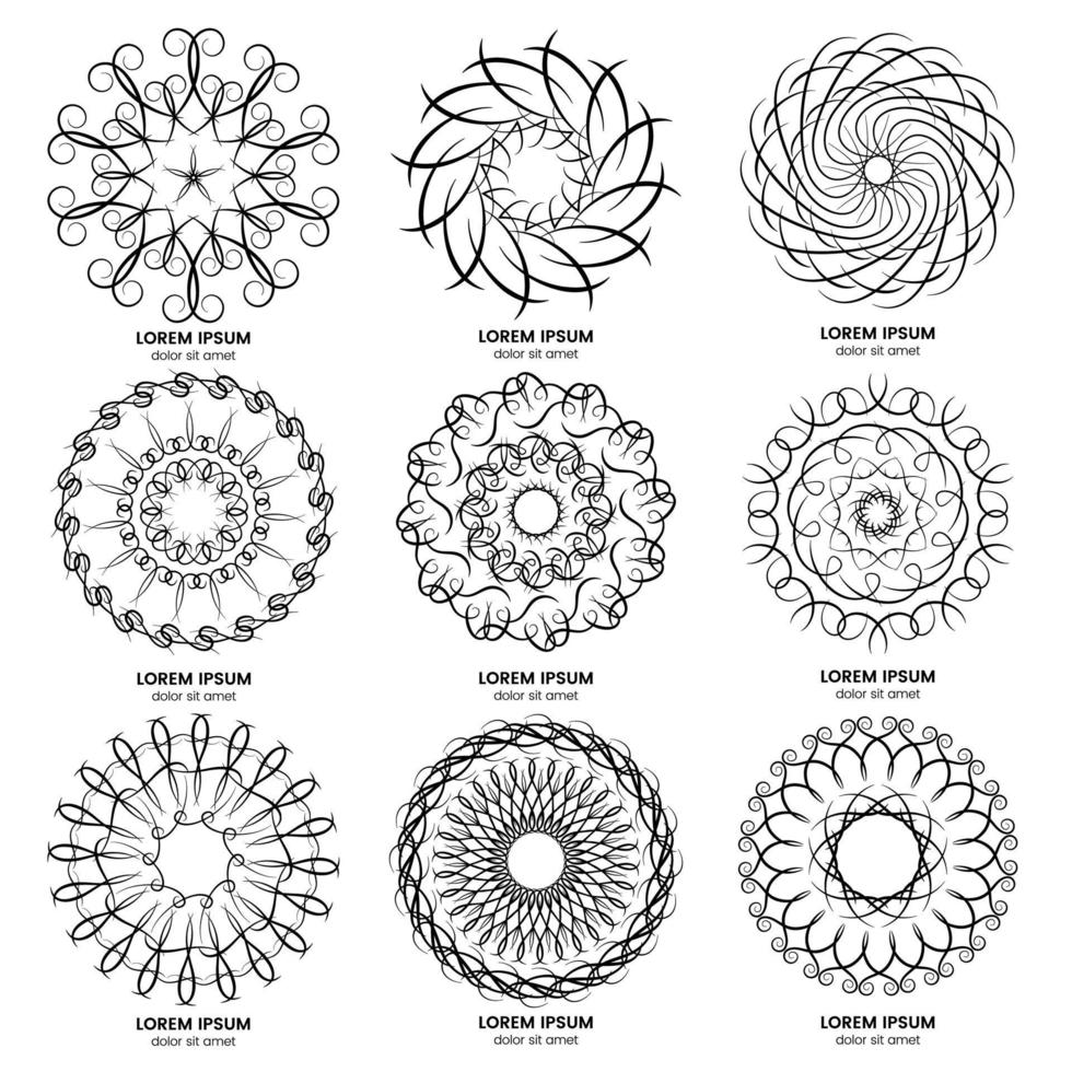 Set of nine vintage geometric circular elements. Vector black monogram on white background.