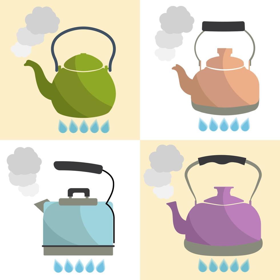 Set of kettle boils with water flat style vector illustration. Kitchen utensils stock illustration.