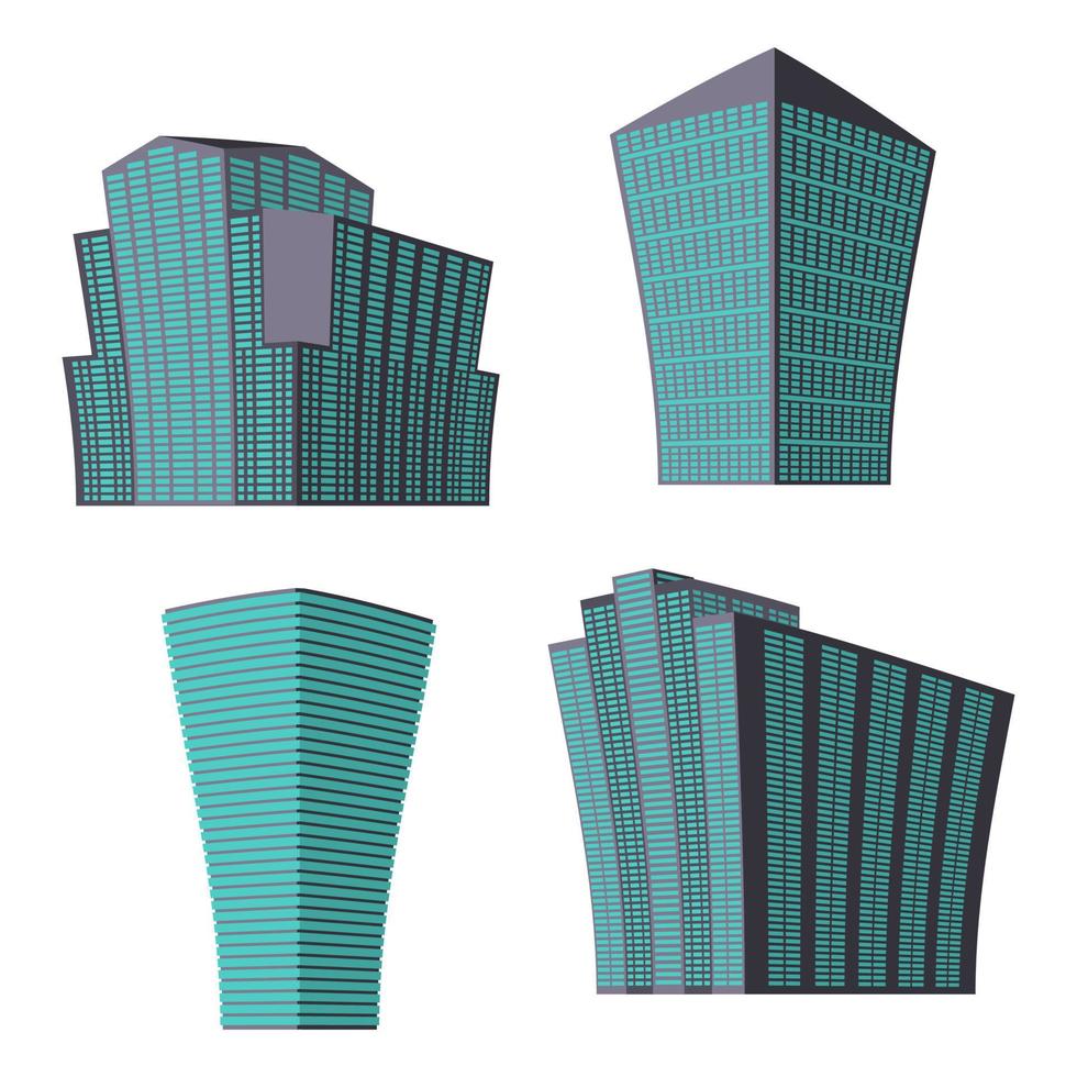 conjunto de cuatro edificios modernos de gran altura sobre un fondo blanco. vista del edificio desde abajo. ilustración vectorial isométrica. vector