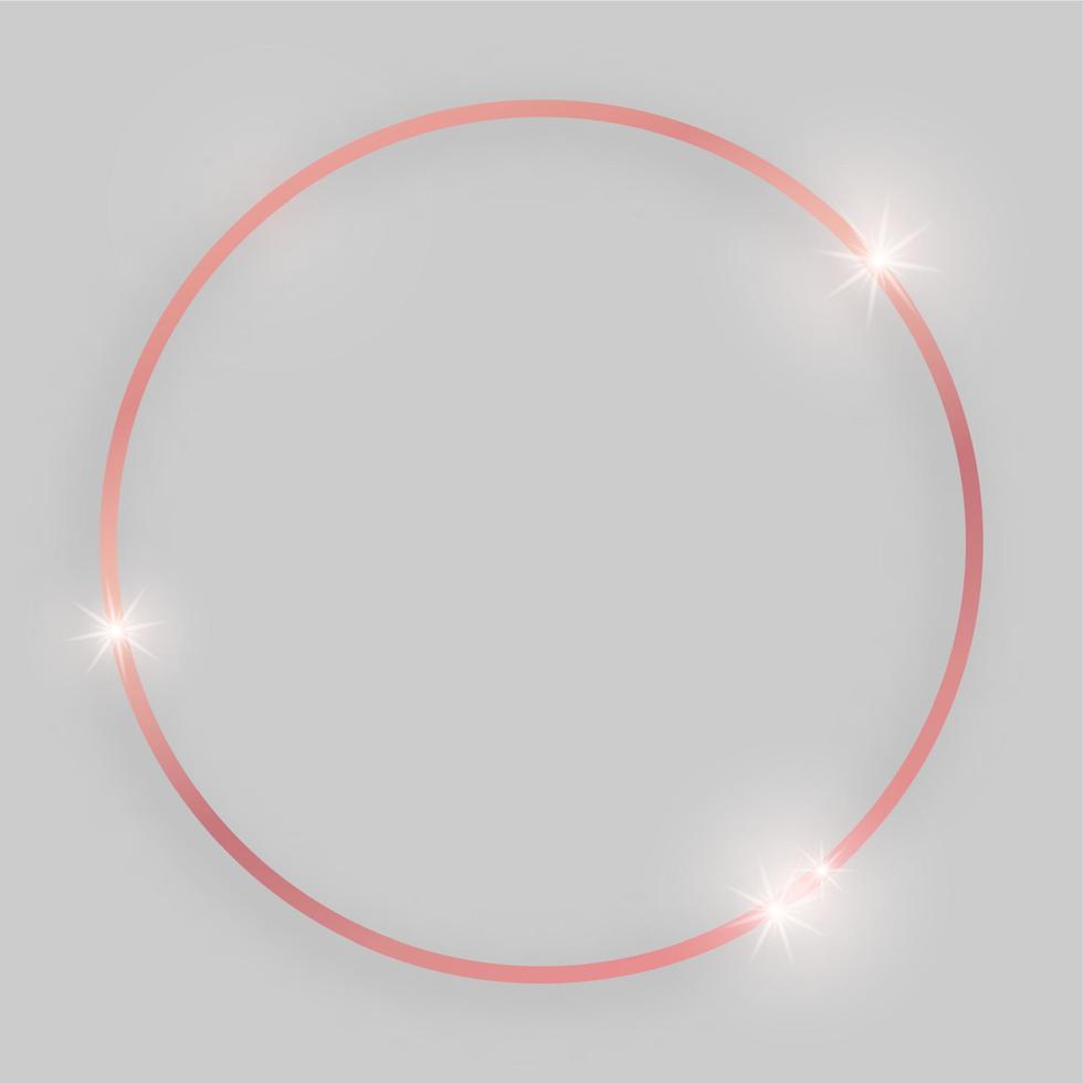 marco brillante con efectos brillantes. marco redondo de oro rosa con sombra sobre fondo gris. ilustración vectorial vector