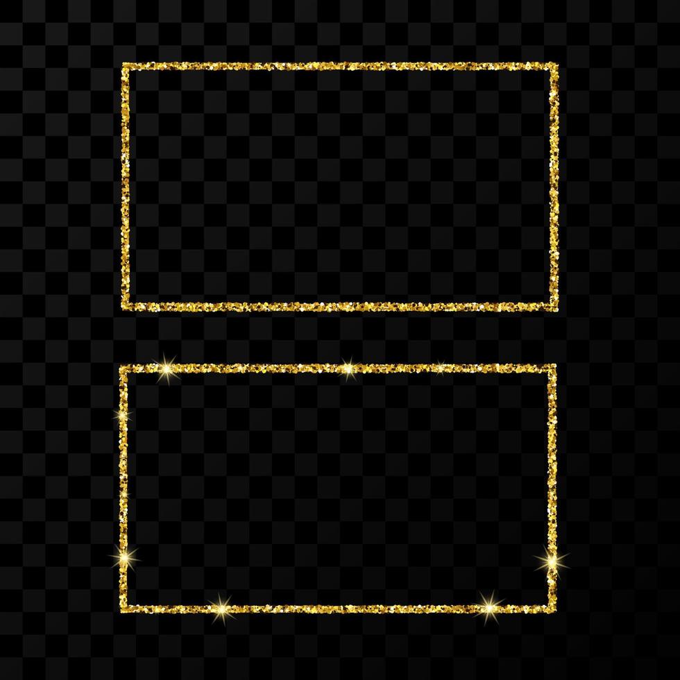 Gold rectangle frame. Two modern shiny frames with light effects isolated on dark transparent background. Vector illustration.