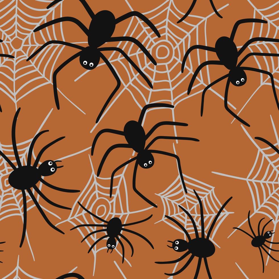 Spiders web seamless pattern. Vector spider isolated on orange background. Halloween pattern. Wrapping paper, wallpaper, textile, greeting card.