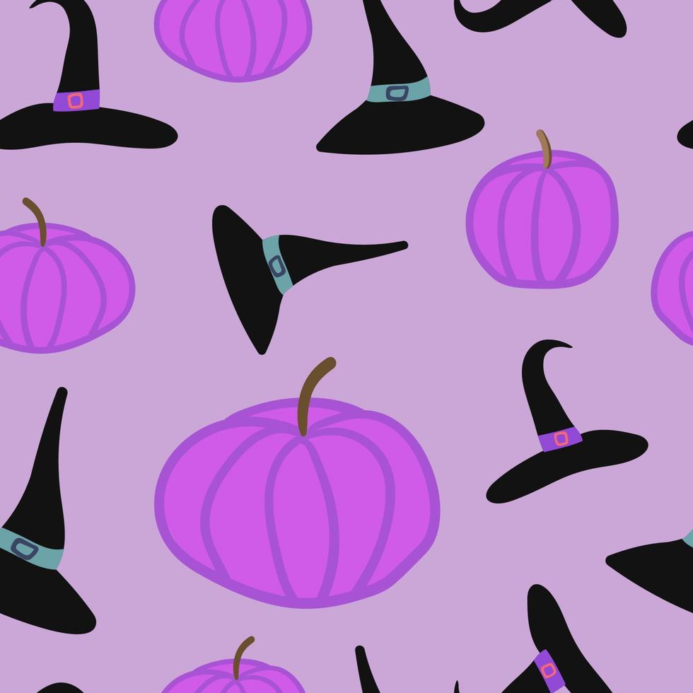 Violet pumpkin and witch hat seamless pattern. Fantastic Halloween seamless pattern. Vector stock illustration.