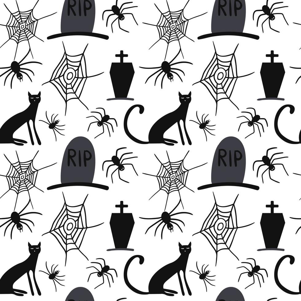 Doodle black vector Halloween seamless pattern. Grave, cat, spider's web, spider. Design for Halloween decor, textile, wrapping paper, wallpapers, sticker, greeting cards.