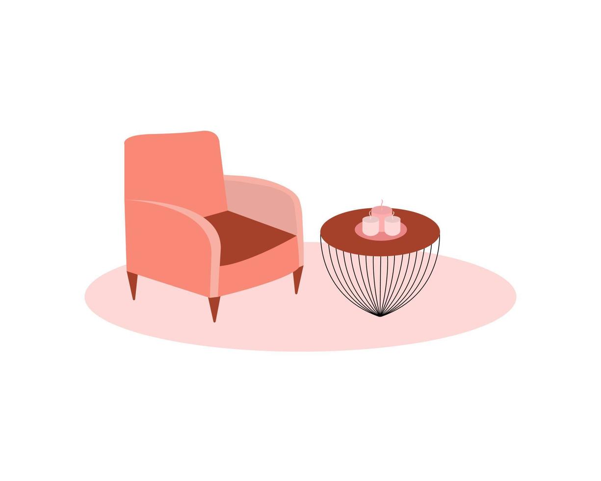 lindo sillón y mesa de café con velas vector