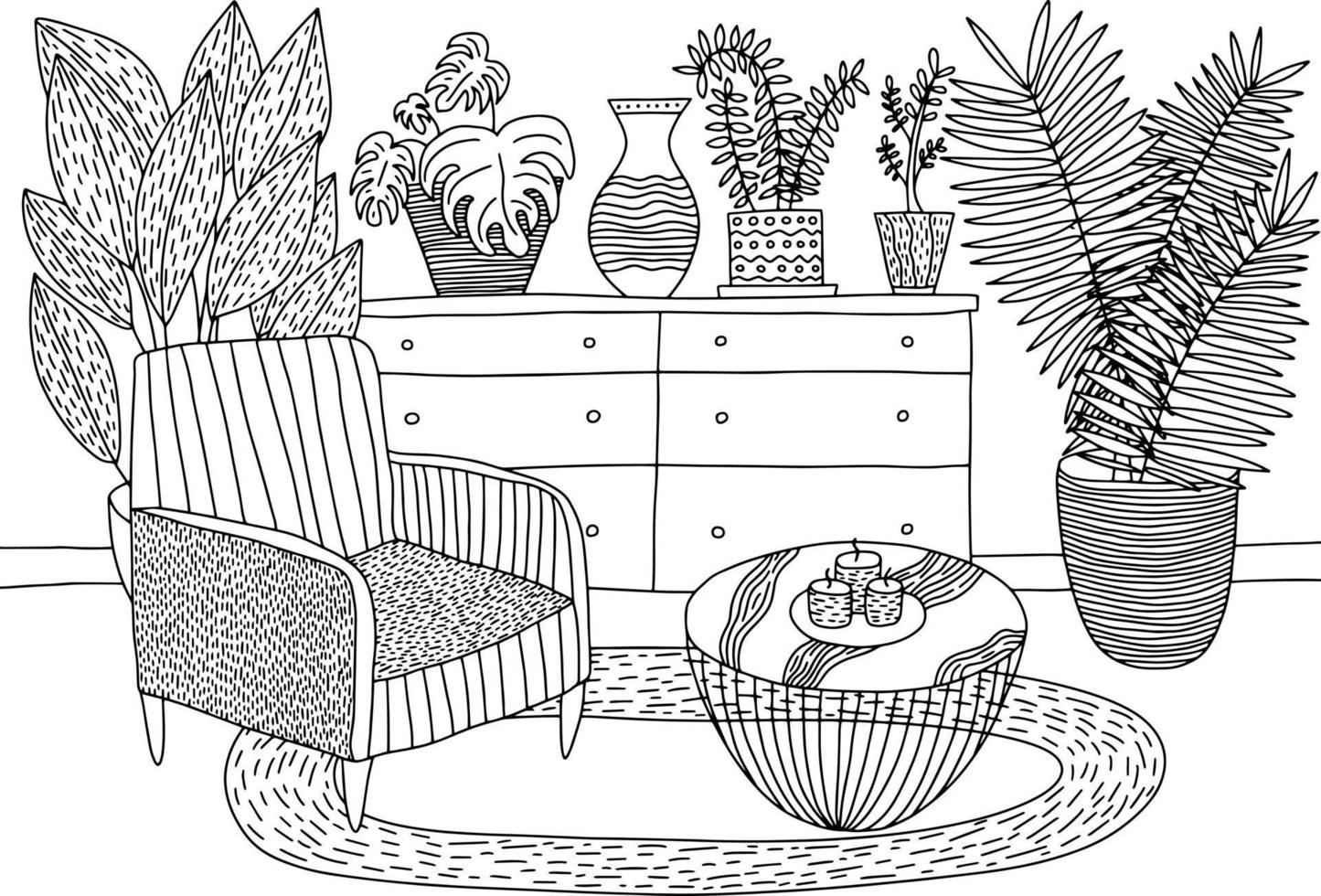 Living room interior coloring page. Cozy  interior design living room. Coloring page for children and adults vector