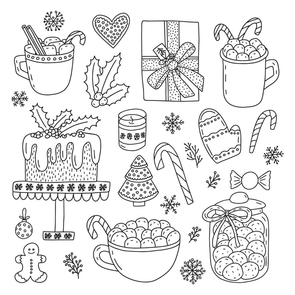 Hand drawn doodle Christmas elements set. Vector Christmas desserts set. Mistletoe cake, gingerbread cookie and cocoa with marshmallows