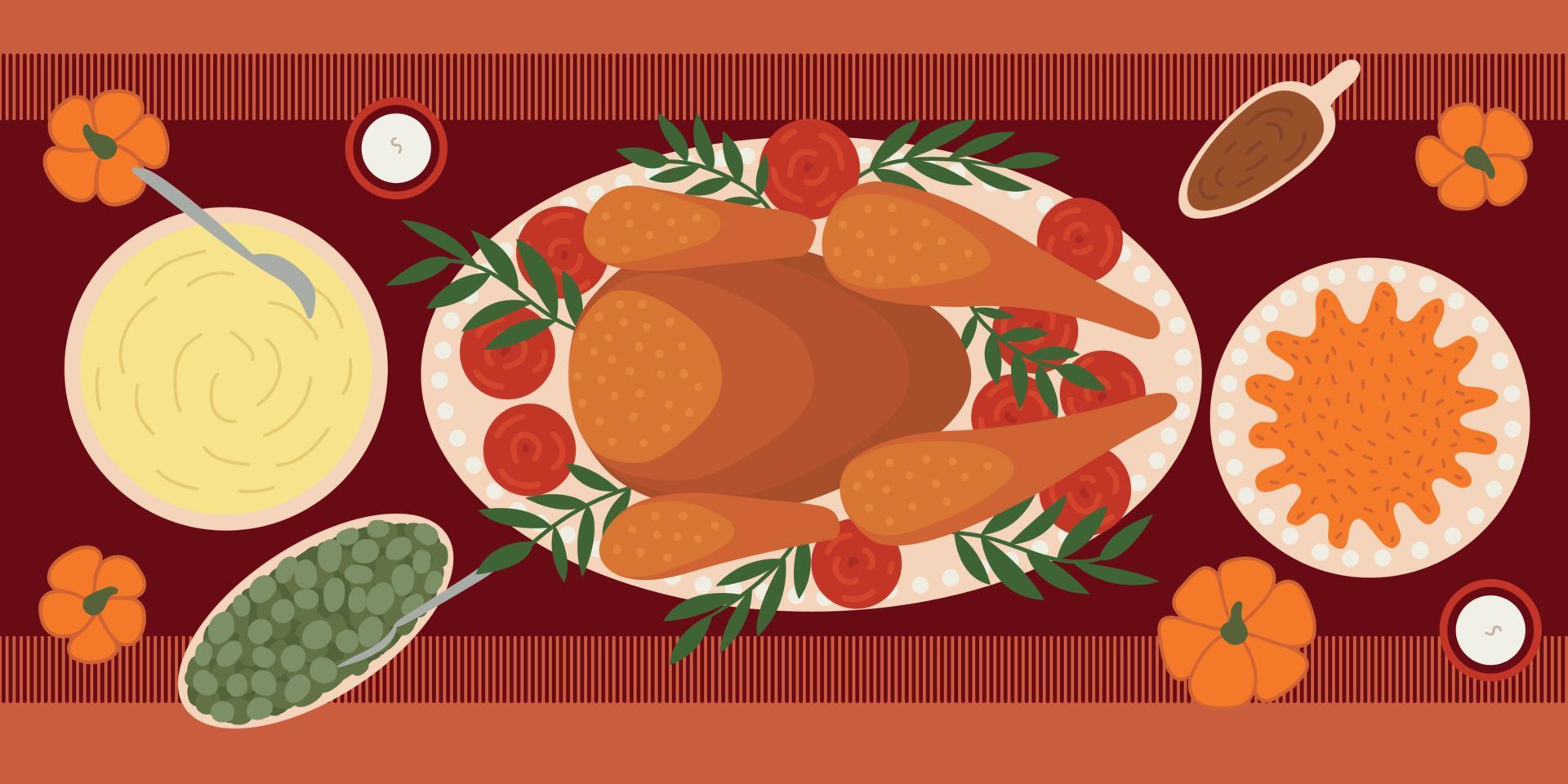 Thanksgiving turkey and another dishes vector flat style table illustration. Thanksgiving menu table top view dishes. Turkey, mashed potatos, beans and pumpkin pie