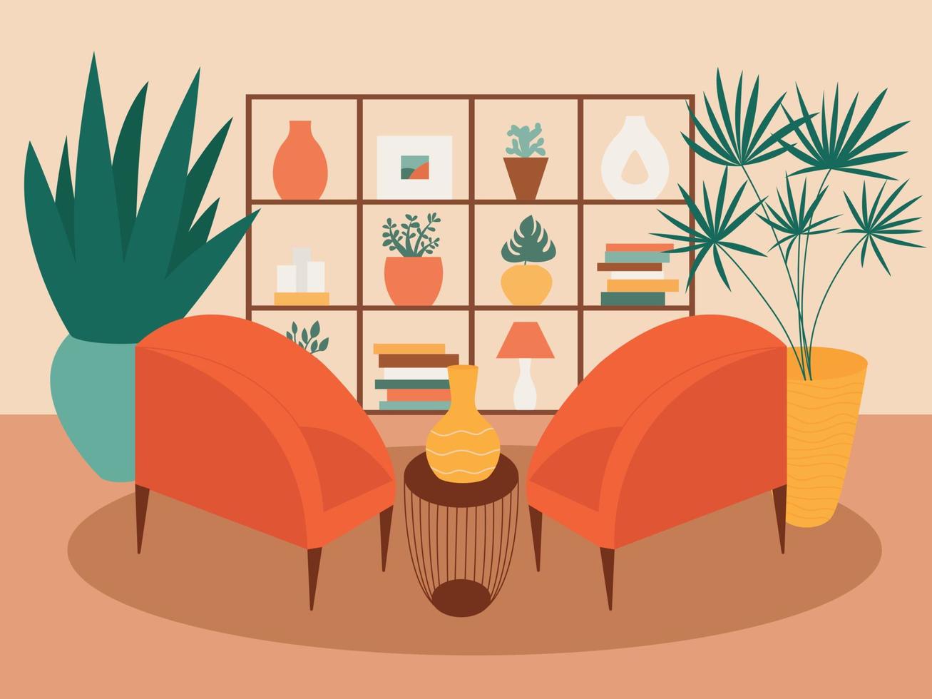Flat style living room with armchairs and plants vector illustration. Big shelf with home decor in living room