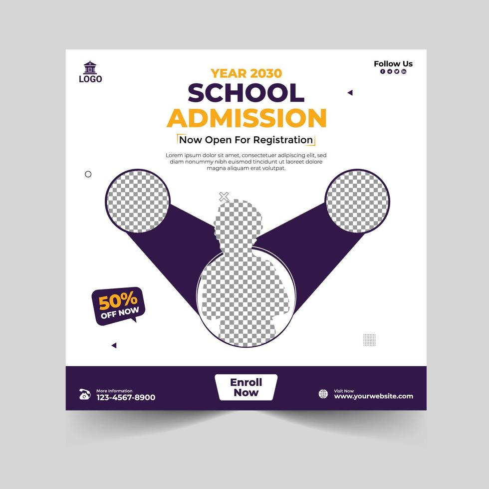 School admission social media post and web banner template design vector