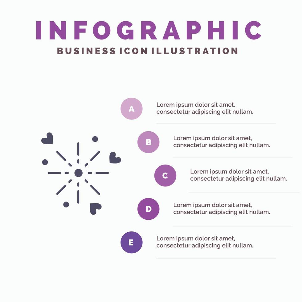 fuegos artificiales celebración corazón amor sólido icono infografía 5 pasos presentación antecedentes vector