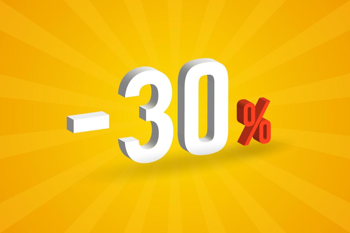 texto 3d de descuento negativo de 30 para ventas y promoción. vector