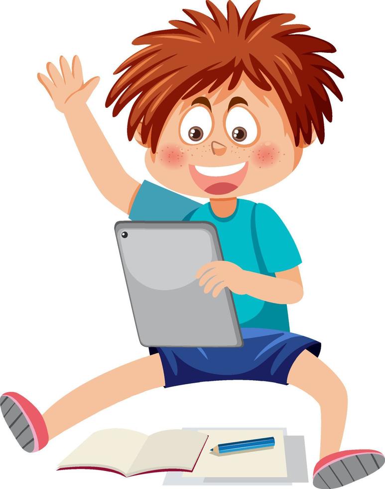 Happy boy using tablet vector