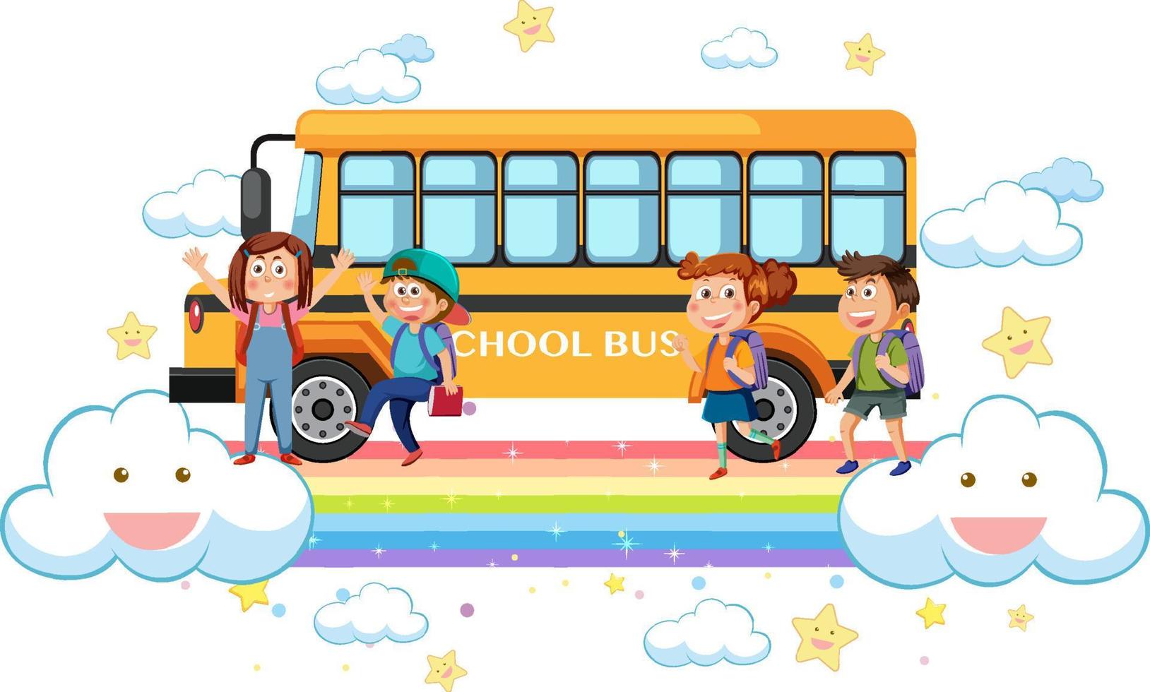 autobús escolar niños con arcoiris vector