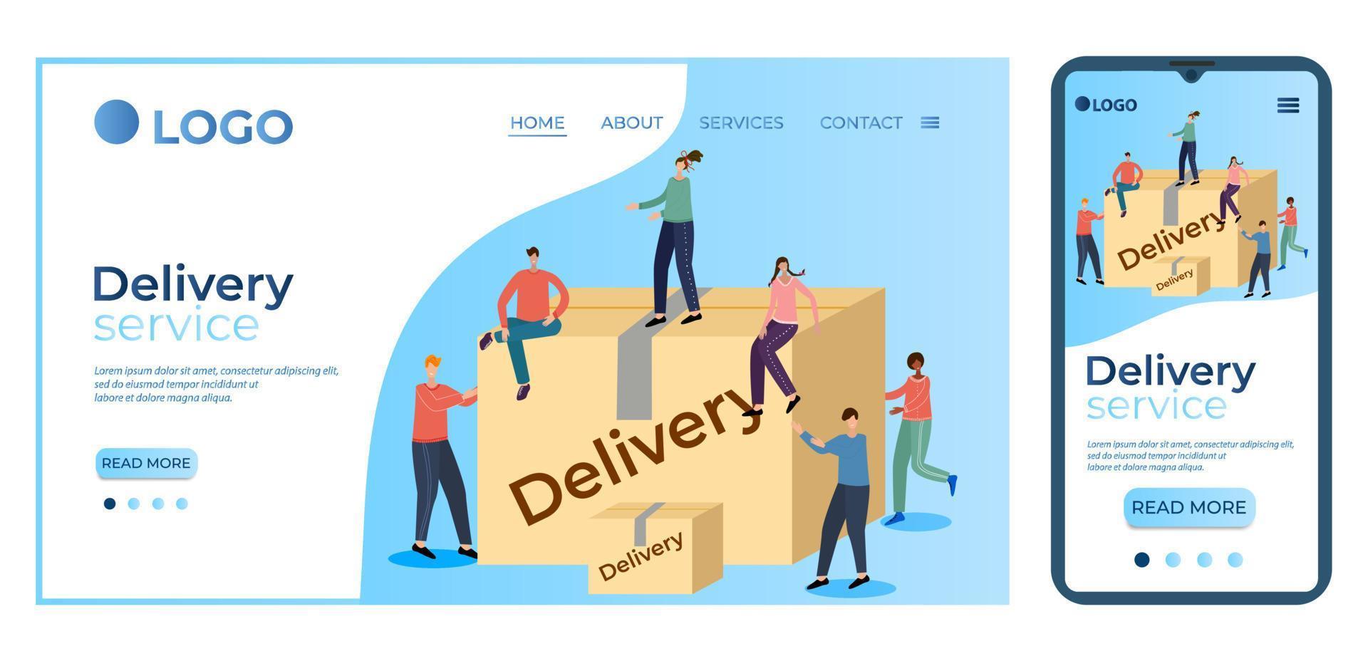 Delivery service.The concept of delivery.Online service.Remote client service.People and a large cardboard box.The template of the landing page.Flat vector illustration.