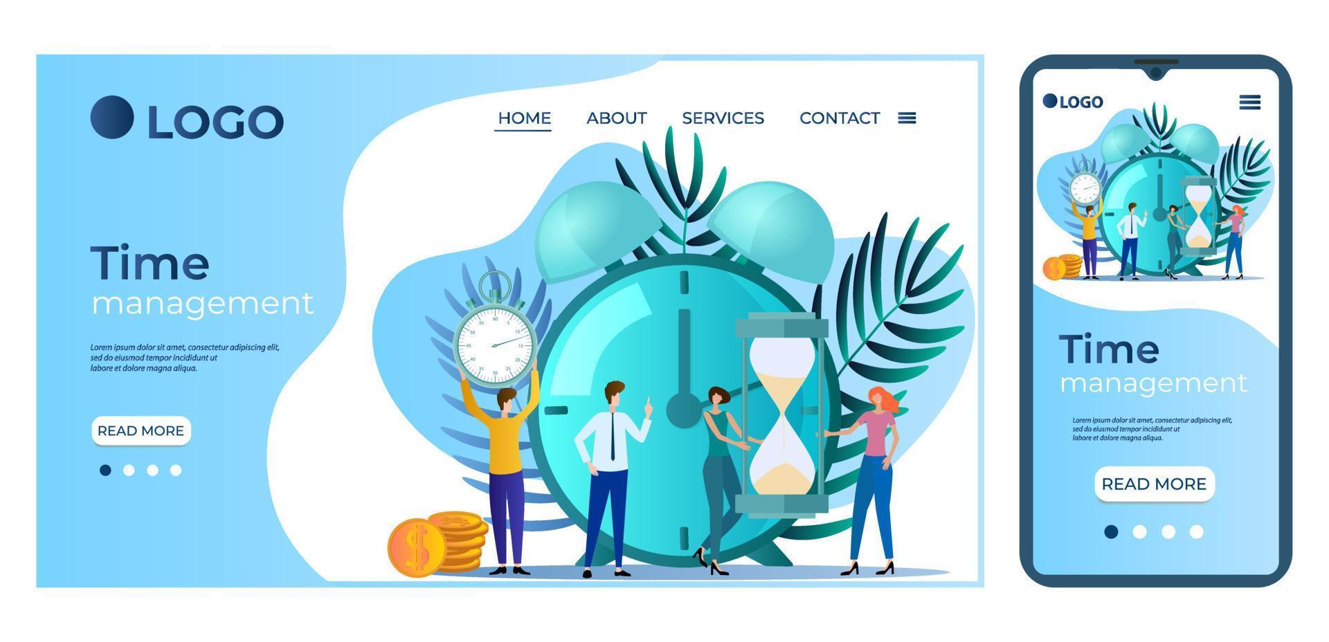 Time-management.People on the background of watches and coins.The concept of work and time control.Teamwork.Landing page template and smartphone adaptation.Flat vector illustration.