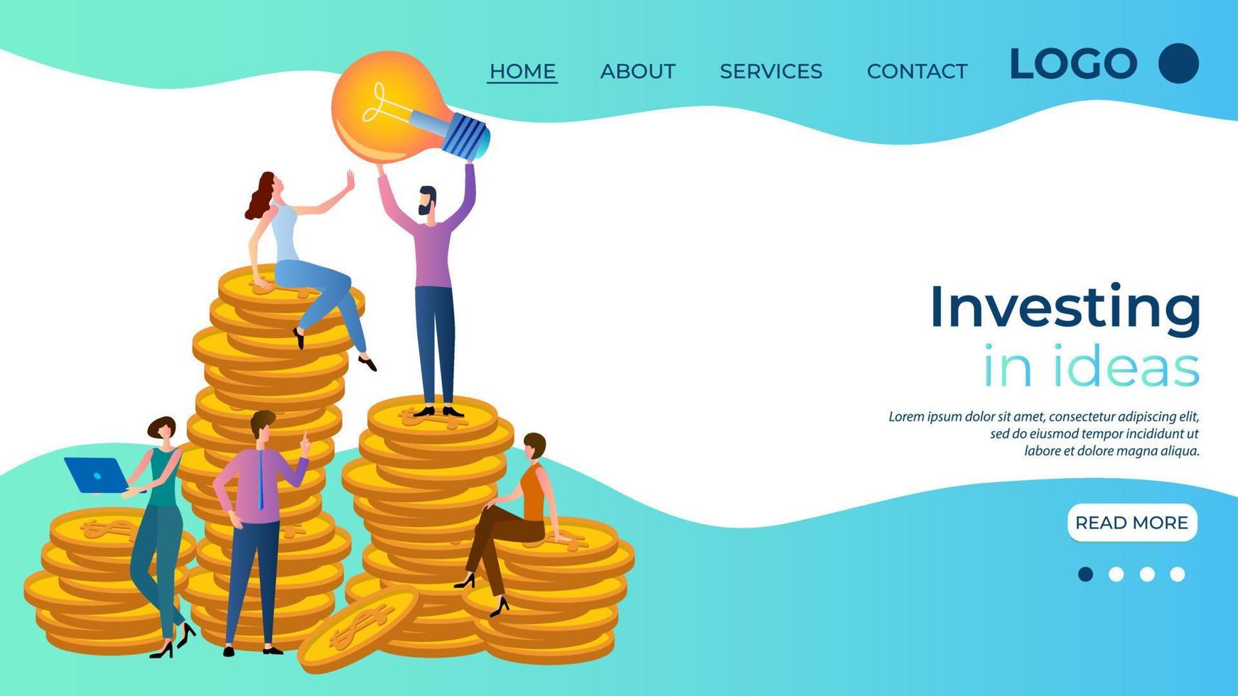 Investment in ideas.People on the background of light bulbs and money.Financing of new projects.The opening of the new startups.Investing in the future.The template of the landing page. vector